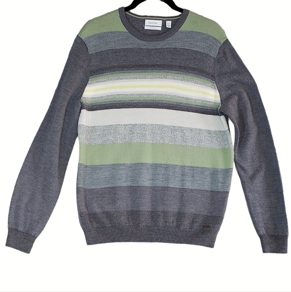 Calvin Klein Men's Size M Merino Wool Italian Yarn Striped Sweater Metal Logo